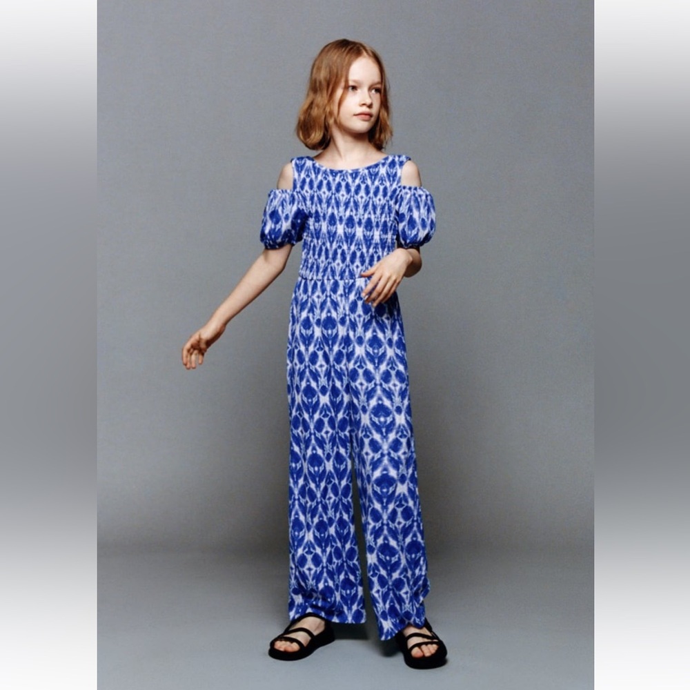 Zara Girl Blue and White Textured Romper